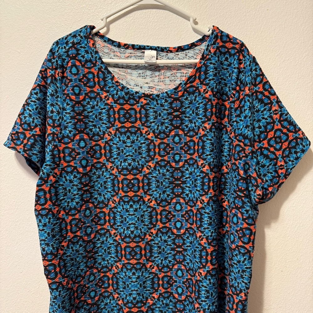 East 5th Blue and Orange Geometric‎ Short Sleeve Top 3X Pull Over Cottagecore